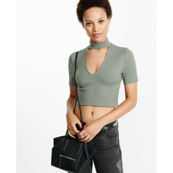 Express Tops - Green One Eleven Cut Out Cropped Tee